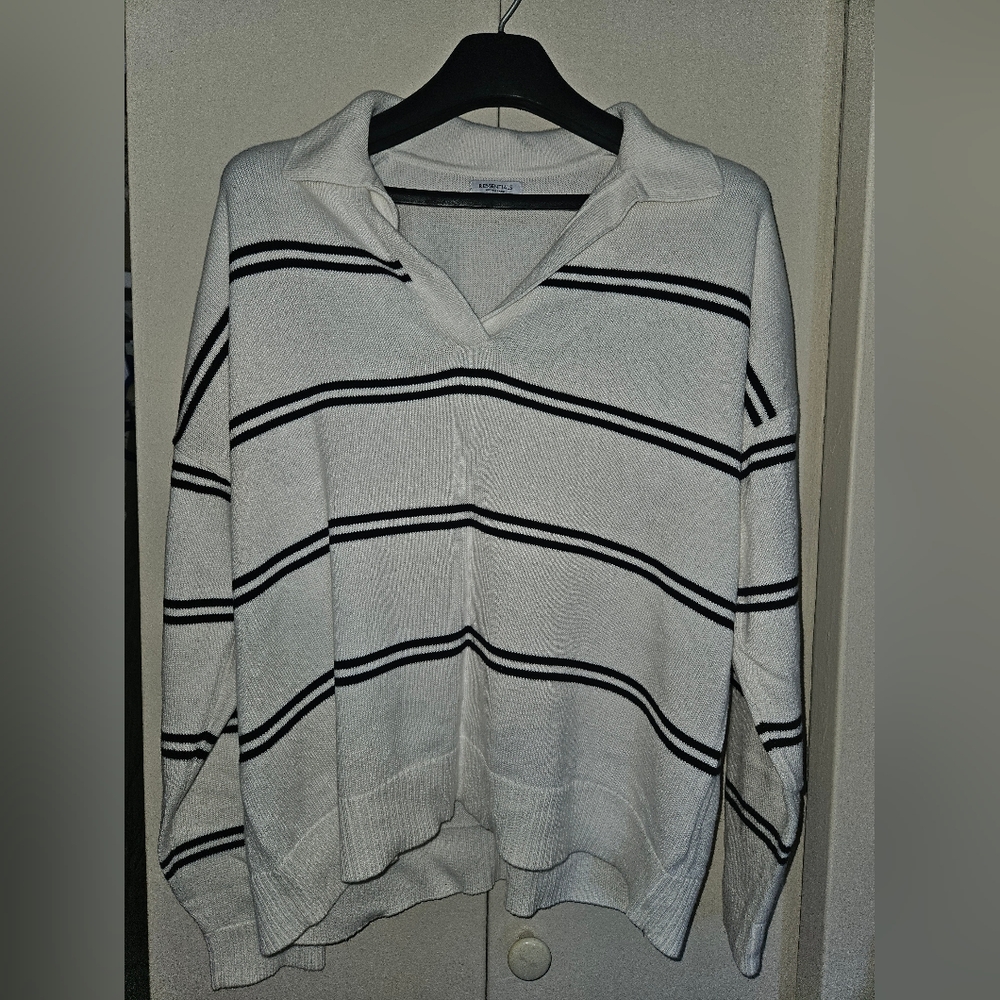 Essentials Women's V-Neck Sweater with Navy Stripes